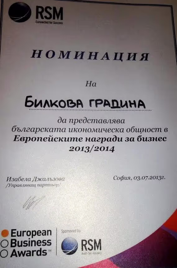 Награда от Европейските награди за бизнес